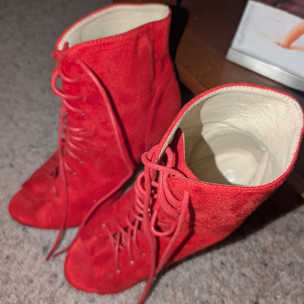 Red Suede Heeled Boots - Picture 3 of 5